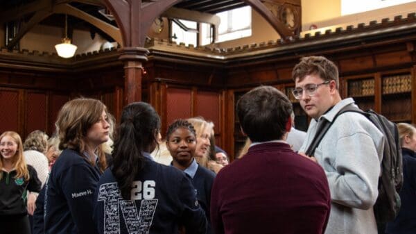 TY students talking with the Atticus team at the Future Leaders of Screen event in the UCC Aula Maxima